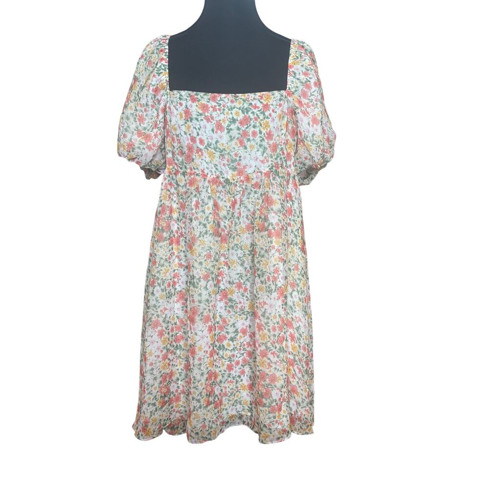 Storia white‎ pink floral sheer overlay puff sleeve smocked mini dress SIZE L